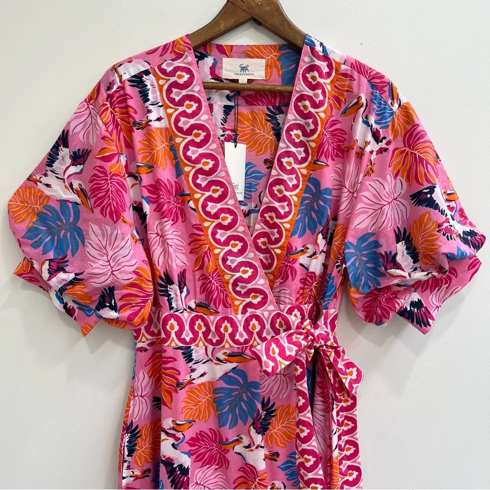 Printfresh Gabriela Midi Dress in Pelican Palms Pink Blue Wrap Style Large - Picture 5 of 16